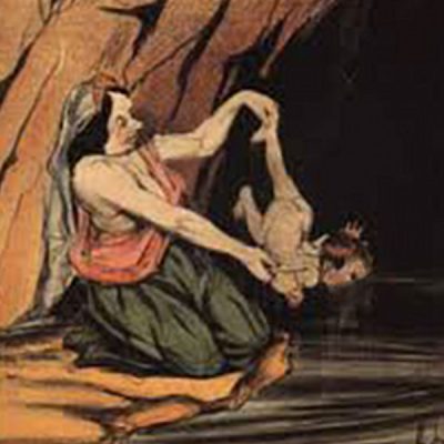 Painting of infant Achilles being dipped in the river