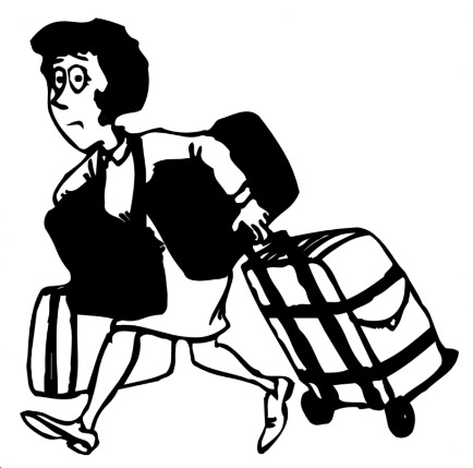 Cartoon of Lady with her bags packed.