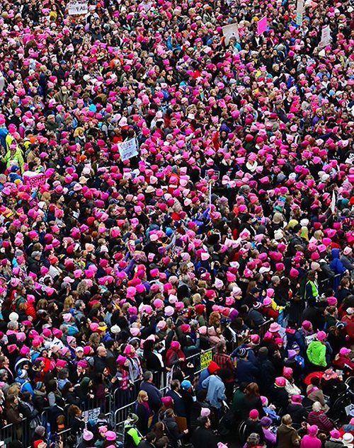 Arial view of the Women's March on Washington with hundreds of pink hats.