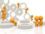 Gears being manipulated by small figures to represent the effects of policy and operations decisions.